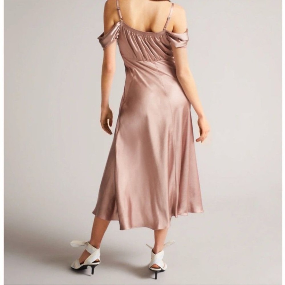 Ted Baker Esta Cold Shoulder Cowl Front Midi Slip Dress in Dusty Pink - Picture 3 of 11